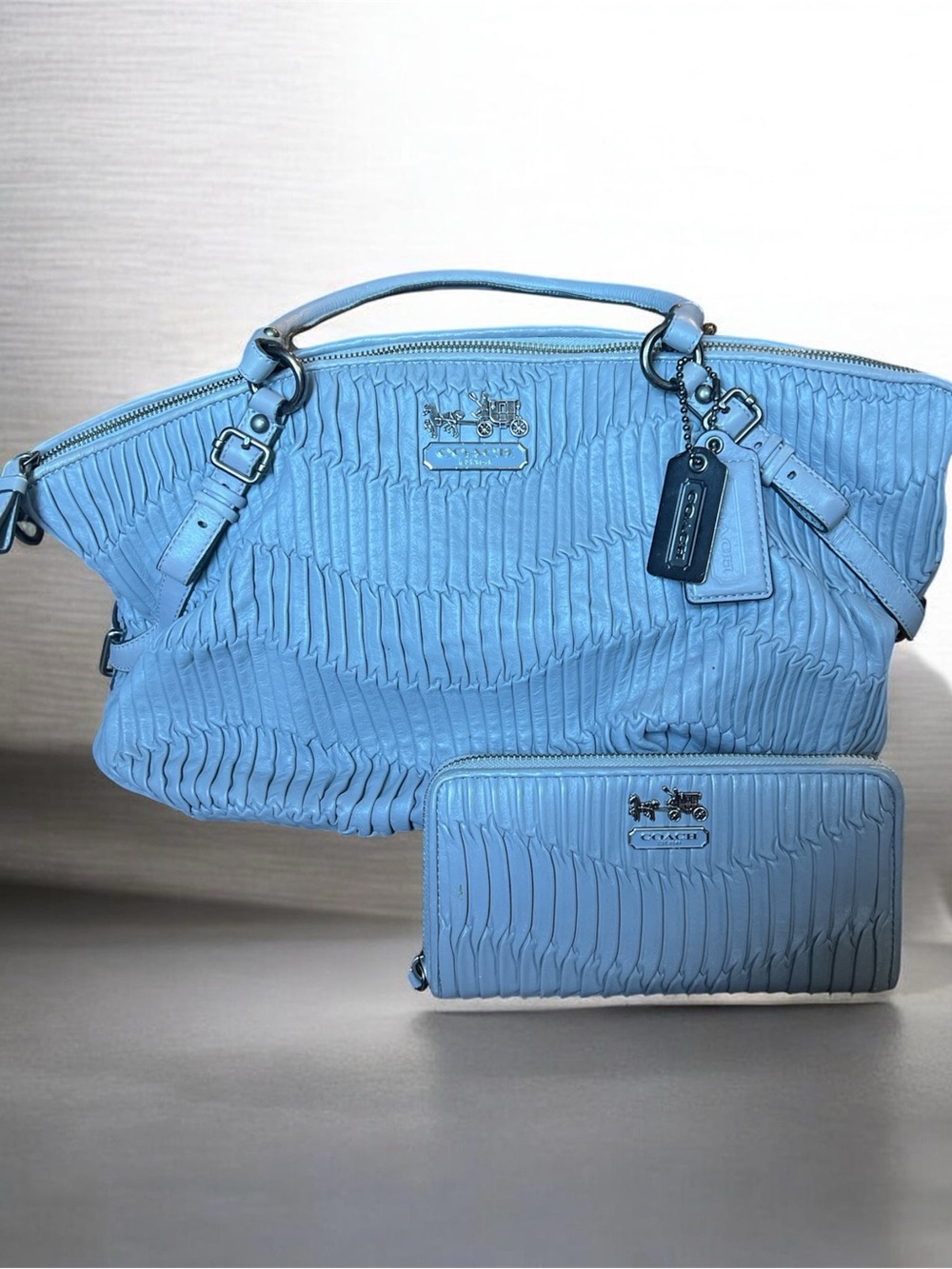 Coach Sky Blue Pleated Leather Tote with Matching Wallet